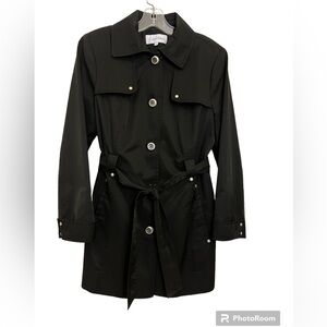 {Calvin Klein} Black Hooded Belted Trench Coat Size M